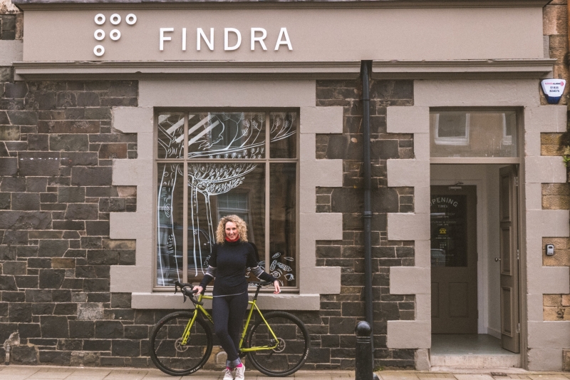 Alex in front of the new FINDRA shop in Innerleithen